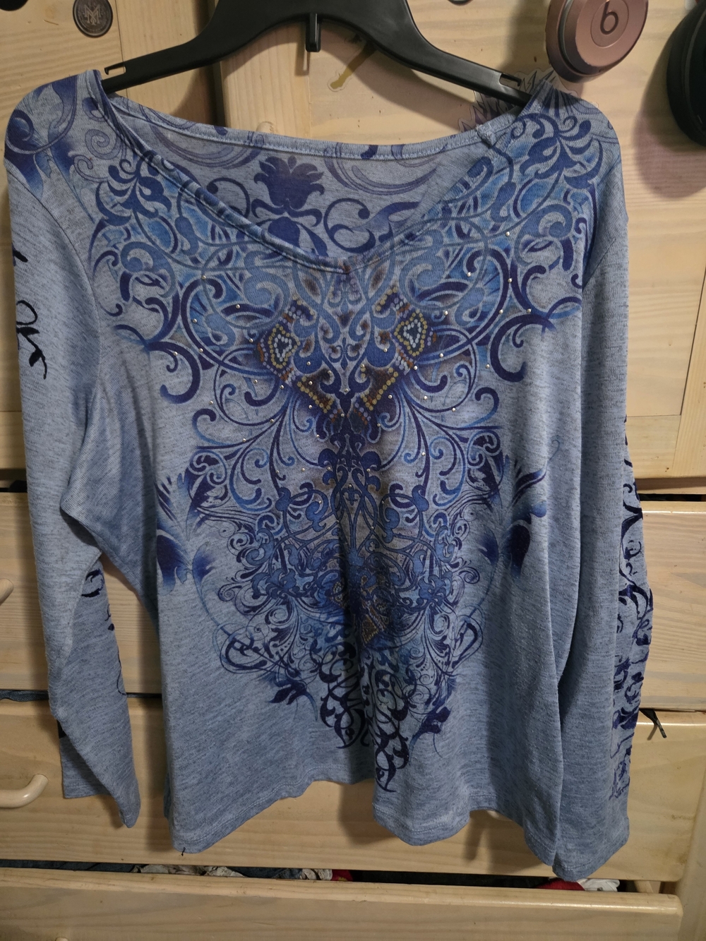 Source Unknown Light Blue Long-Sleeve Tee with Navy Ornate Print